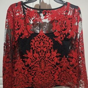 Karen Kane Red and Black Lace Blouse